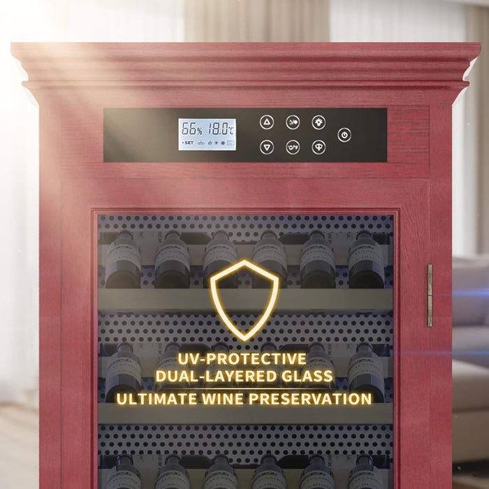 Red wine cooler with digital display and UV protection feature on a blurred background
