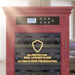Red wine cooler with digital display and UV protection feature on a blurred background