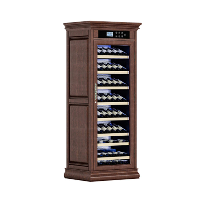 Wooden wine cabinet with glass door displaying wine bottles on a white background