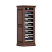 Wooden wine cabinet with glass door displaying wine bottles on a white background