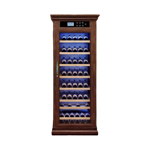 Wine cooler with wooden exterior and glass door displaying wine bottles on a white background