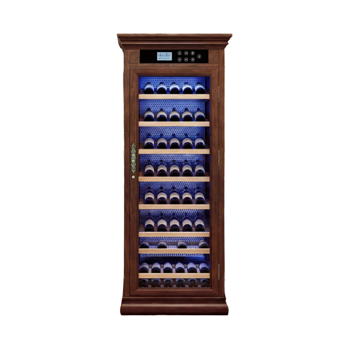 Wine cooler with wooden exterior and glass door displaying wine bottles on a white background