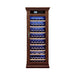 Wine cooler with wooden exterior and glass door displaying wine bottles on a white background