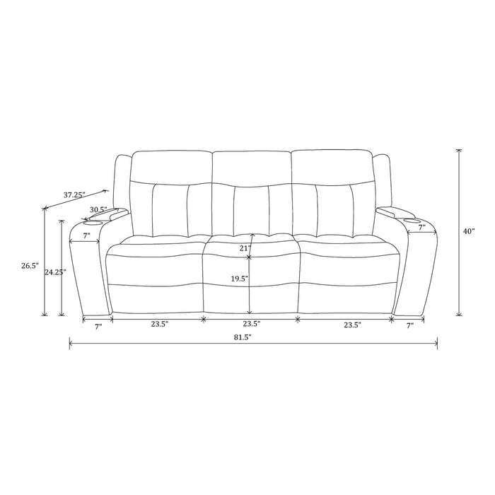 Line drawing of a sofa with dimensions labeled