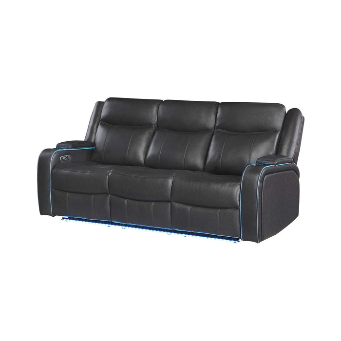 Black leather sofa with blue accents on a white background