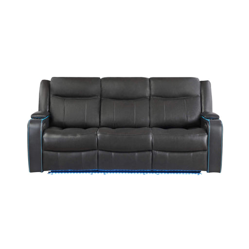 Black leather sofa with blue accents on a white background