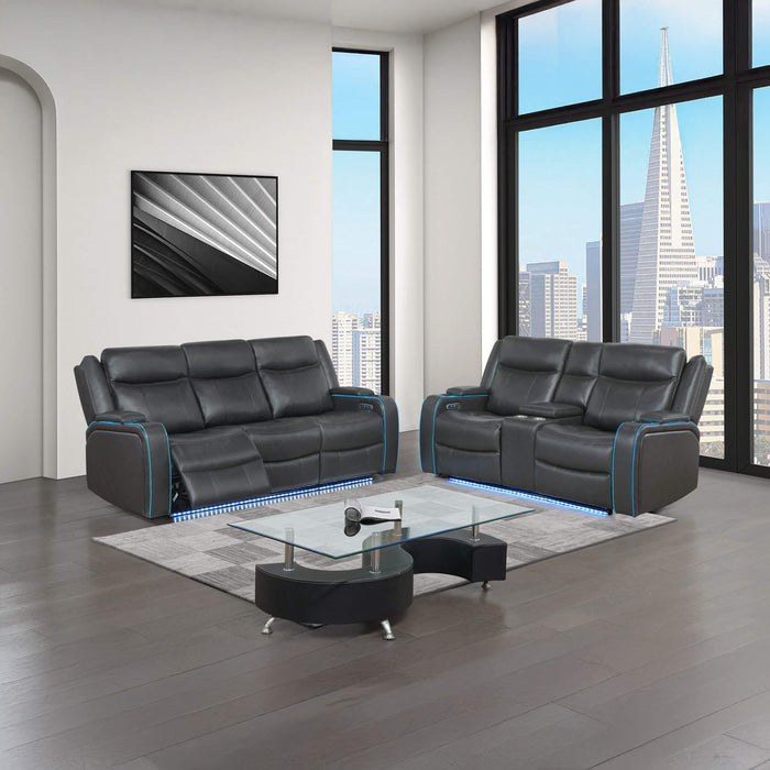 Modern living room with black leather sofa set and cityscape view