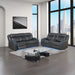 Modern living room with black leather sofa set and cityscape view