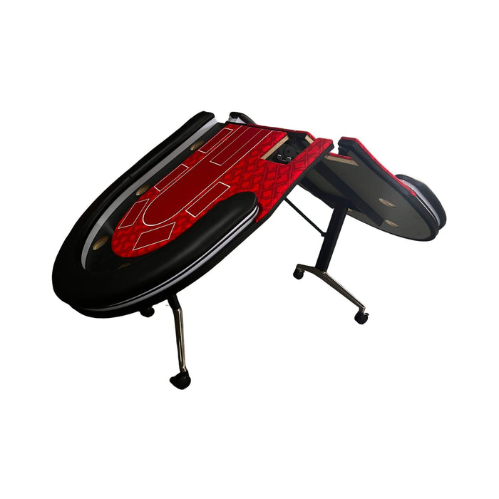 Black and red gaming chair with unique design on a white background