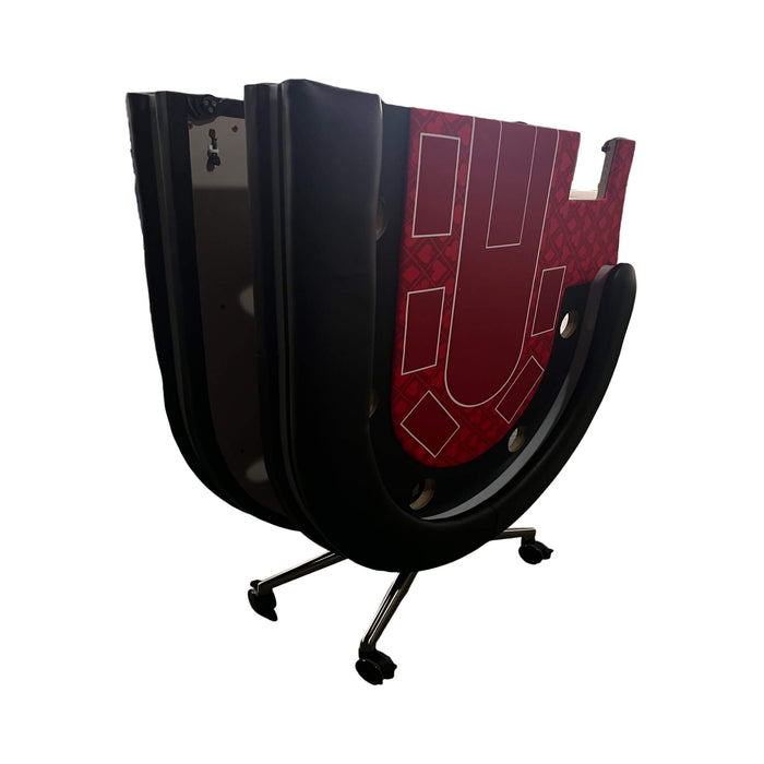 Black and red gaming chair with a unique design on a white background