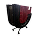 Black and red gaming chair with a unique design on a white background