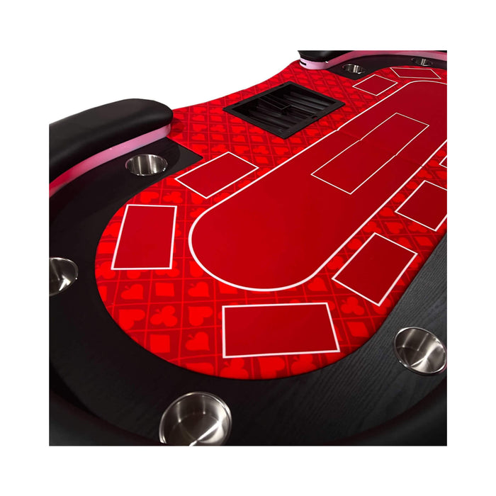 Close-up of a red and black poker table surface with card layout lines.