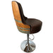 Bar stool with wooden backrest and leather seat on a white background