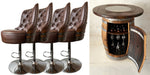 Set of brown leather bar stools and a barrel-style wine rack with glass holders.