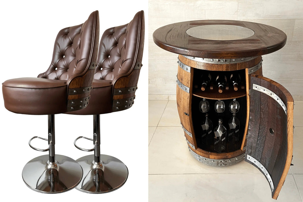Two brown leather bar stools and a wooden barrel table with wine bottles inside.