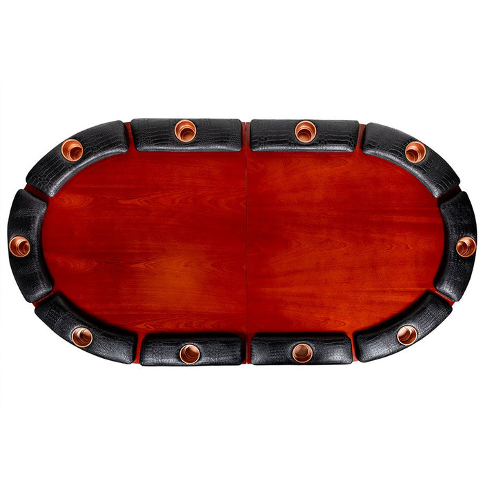 Red poker table with black rim and copper rivets on a white background