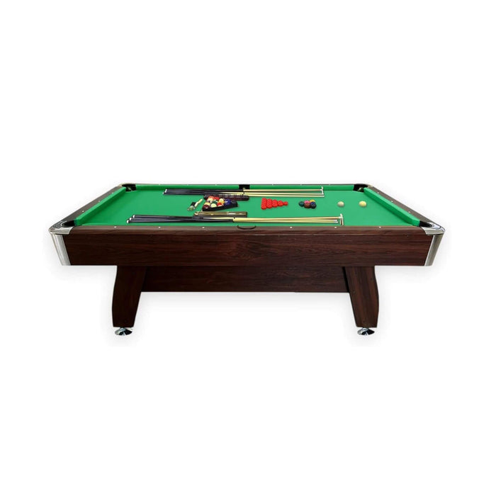 Pool table with green felt surface and wooden frame on a white background