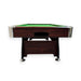 Pool table with green felt surface and wooden frame on a white background