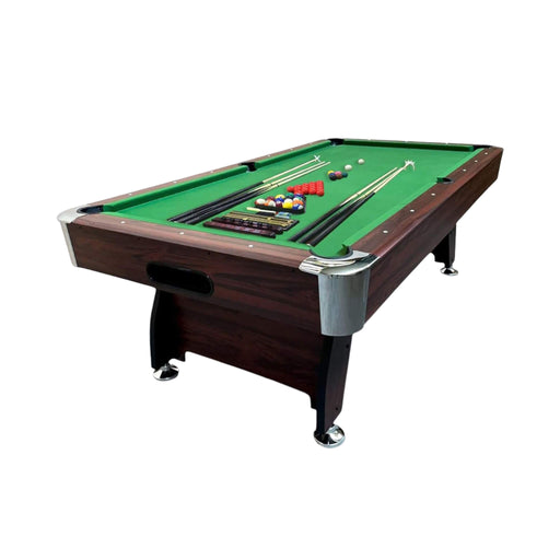 Pool table with green felt surface and billiard balls on a white background