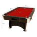 Pool table with red felt surface and dimensions labeled on a white background