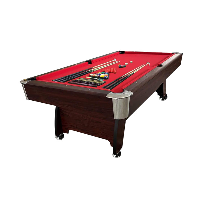 Pool table with red felt surface and billiard balls on a white background
