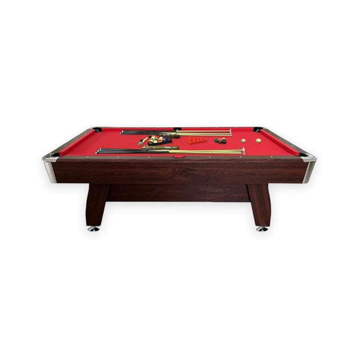 Pool table with red felt surface and wooden frame on a white background
