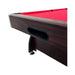Pool table with red felt surface and dark wood frame on a white background