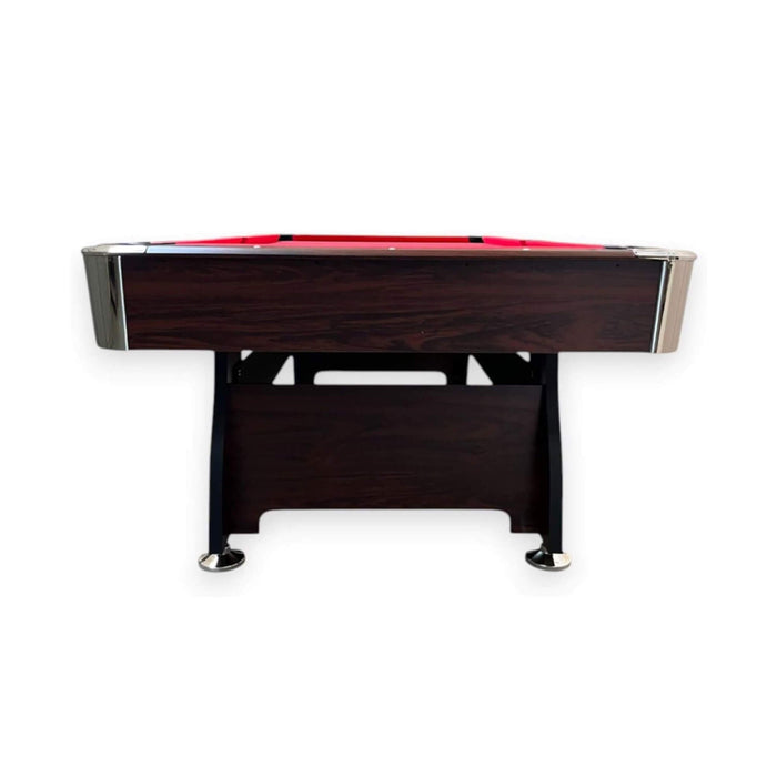 Wooden pool table with red felt on a white background