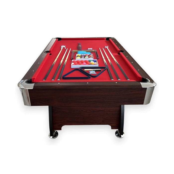 Pool table with red felt surface and pool cues on a white background