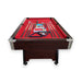 Pool table with red felt surface and pool cues on a white background