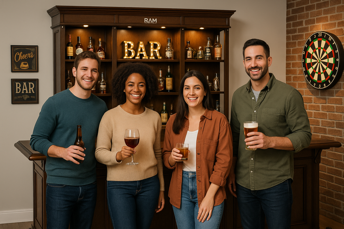 Please adjust the image to allow visibility to the bar.  Let's use a premium bar, like one from RAM Game Room, Prohibition series.  Still keep the smiling friends with drinks, keep the dart board, keep the pub-style decor and spaced bottles on the bar shelves.  Keep the back wall color, change the right side wall to exposed brick