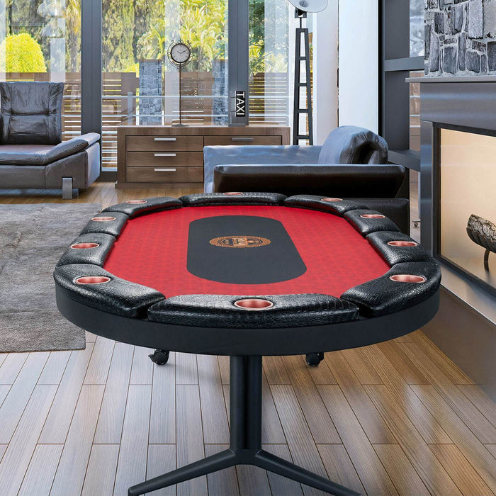 Poker table with red felt surface and black leather edges in a modern living room.