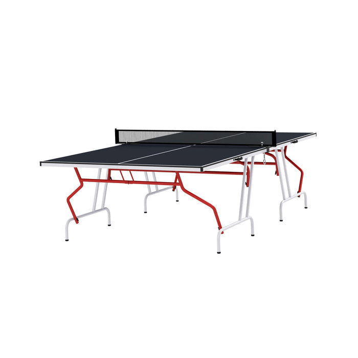 Table tennis table with red frame and black surface on a white background