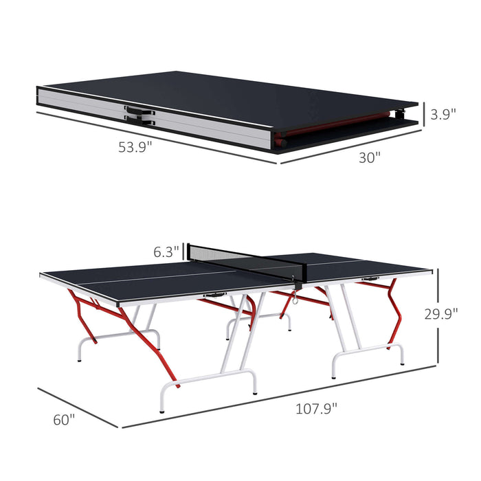 Measurement chart of a ping pong table with dimensions labeled