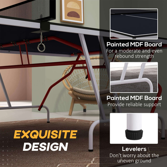 Ping pong table with text highlighting features like painted MDF board and levelers.