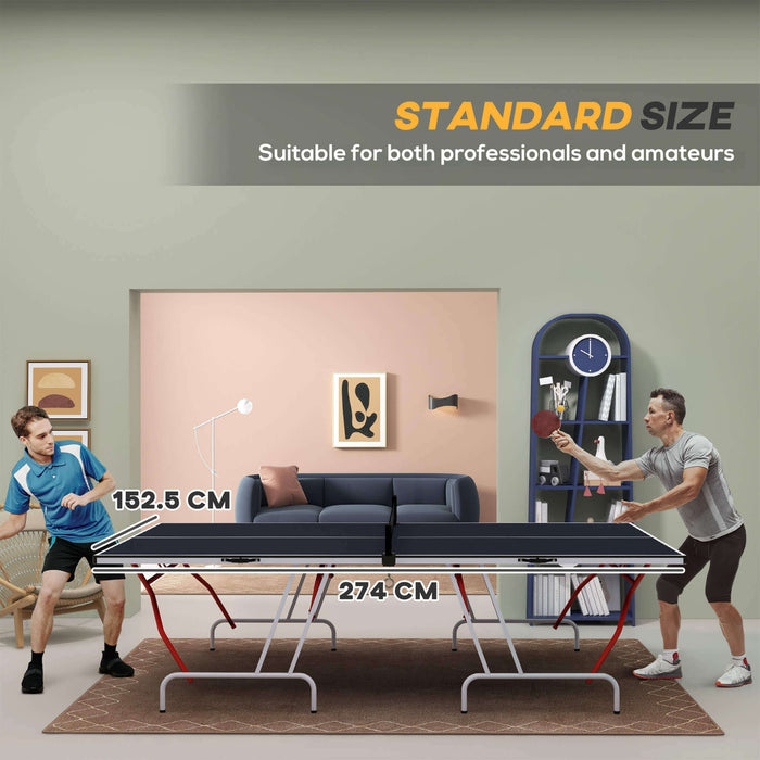 Two people playing ping pong on a standard size table with dimensions displayed, in a living room setting.