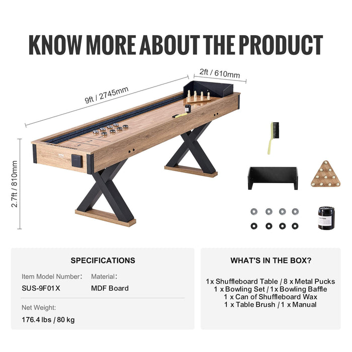 Shuffleboard table with dimensions, specifications, and items included in the box on a white background.