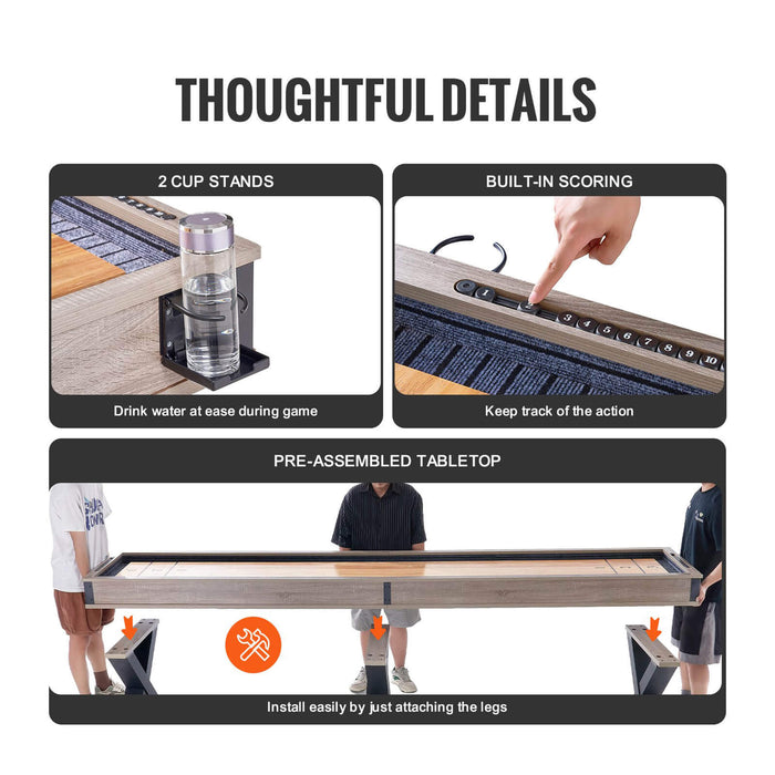 Product features of a table with cup stands, built-in scoring, and pre-assembled tabletop.