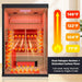 Infrared sauna with heating elements and temperature display, featuring dual halogen heaters and extended carbon floor.