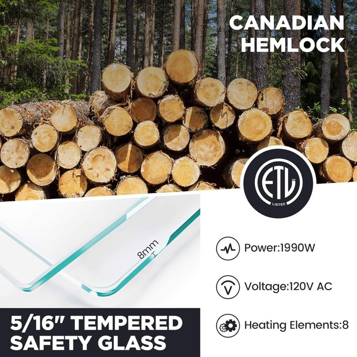 Stack of wooden logs with ETL listed product details overlay