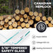 Stack of wooden logs with ETL listed product details overlay