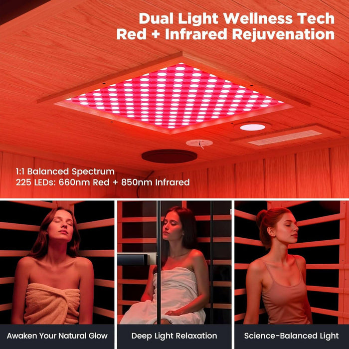 Infrared sauna with red and infrared light, showing a woman inside and text about dual light wellness technology.