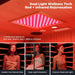 Infrared sauna with red and infrared light, showing a woman inside and text about dual light wellness technology.