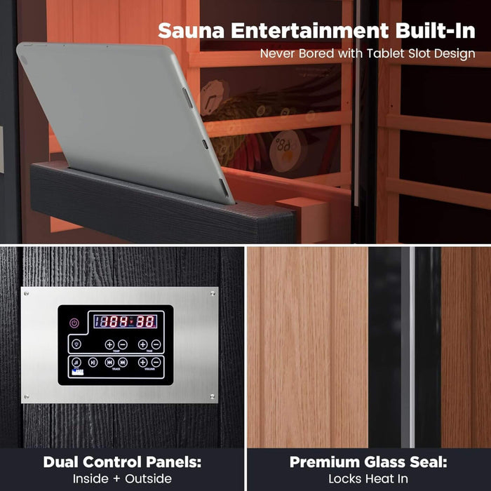 Collage of sauna entertainment features with tablet slot, dual control panels, and premium glass seal.