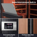 Collage of sauna entertainment features with tablet slot, dual control panels, and premium glass seal.