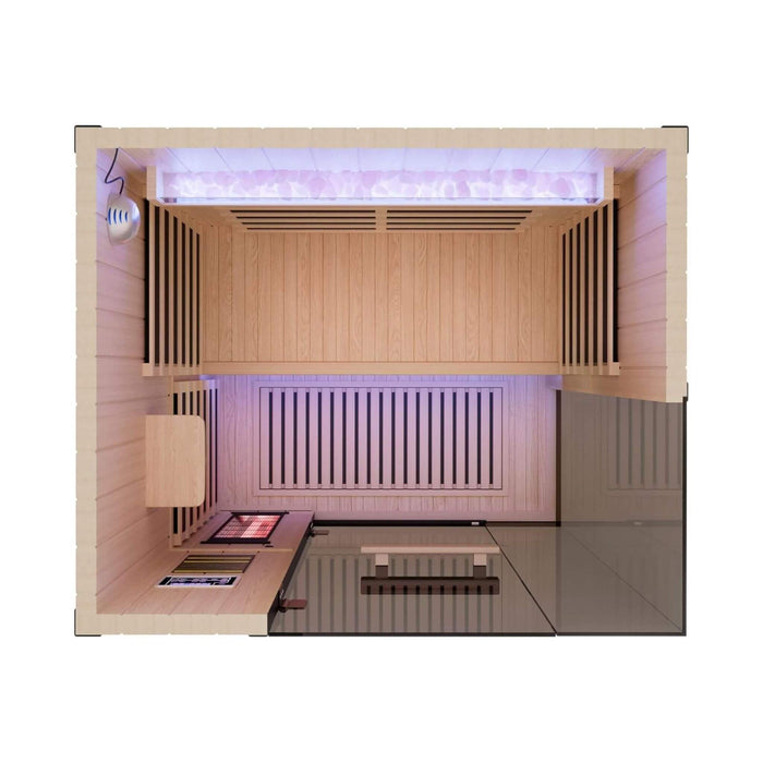 Infrared sauna with wooden interior and LED lights on a white background