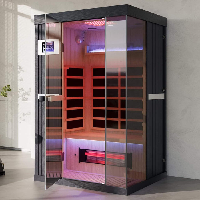 Infrared sauna with glass door in a modern interior setting