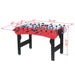 Foosball table with dimensions indicated on a white background