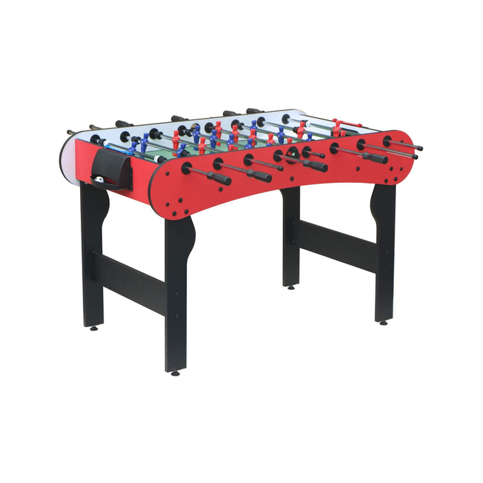 Red and black foosball table on a white background
