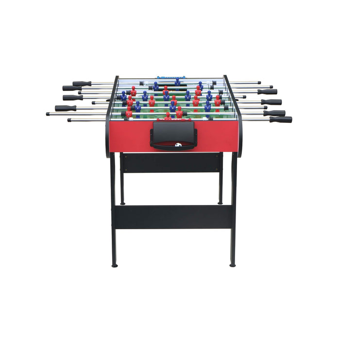 Foosball table with red and black design on a white background